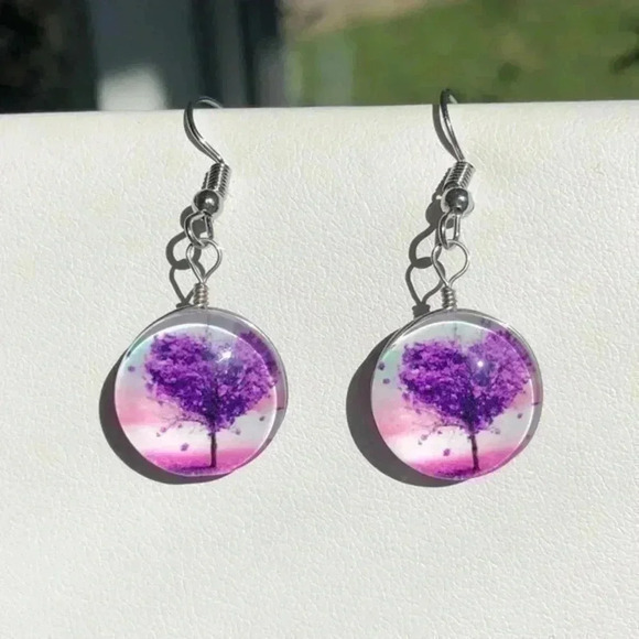 Purple Hearts Glass Tree 3D Drop Earrings NWT - Picture 1 of 3